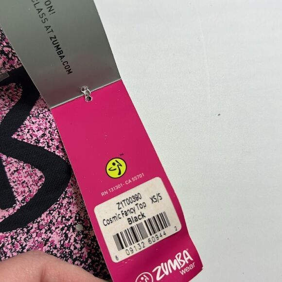 Zumba NWT! Cosmic Fancy Top Black Pink Splatter Graphic Dance Tee Size XS/S - Picture 4 of 4